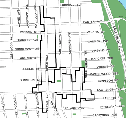 Lawrence/Broadway TIF district, roughly bounded on the north by Berwyn Avenue, Leland Avenue on the south, Sheridan Road on the east, and Magnolia Avenue on the west.